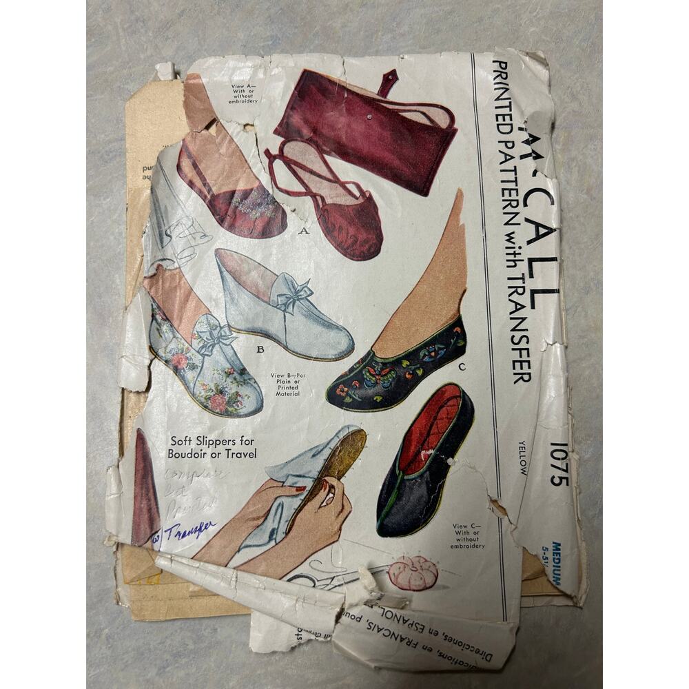 Vintage 1943 McCall Pattern #1075 Soft Slippers‎ Boudoir Travel Size M 5-6